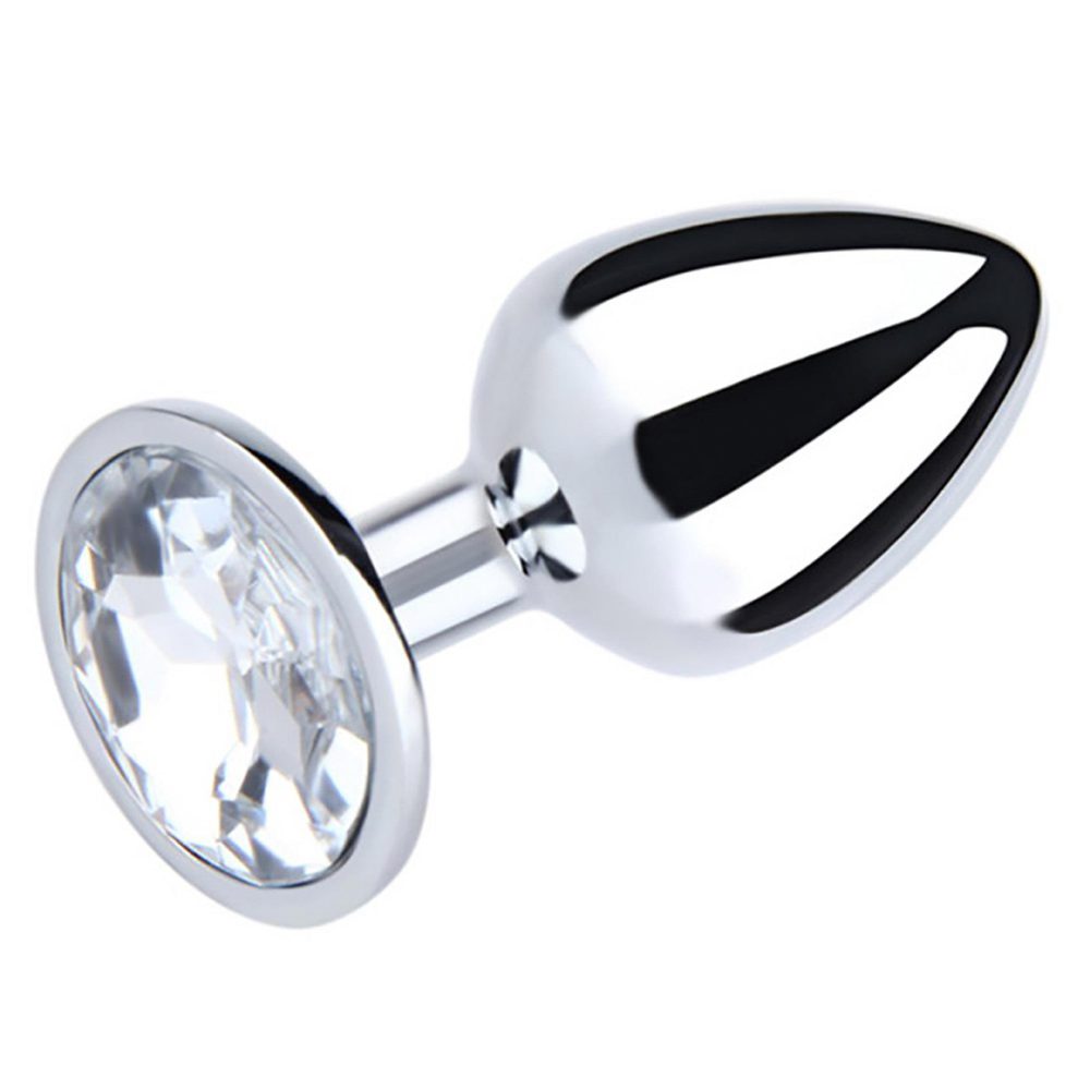 Korek analny metalowy Fantasy srebrny średni z białym diamentem 8cm