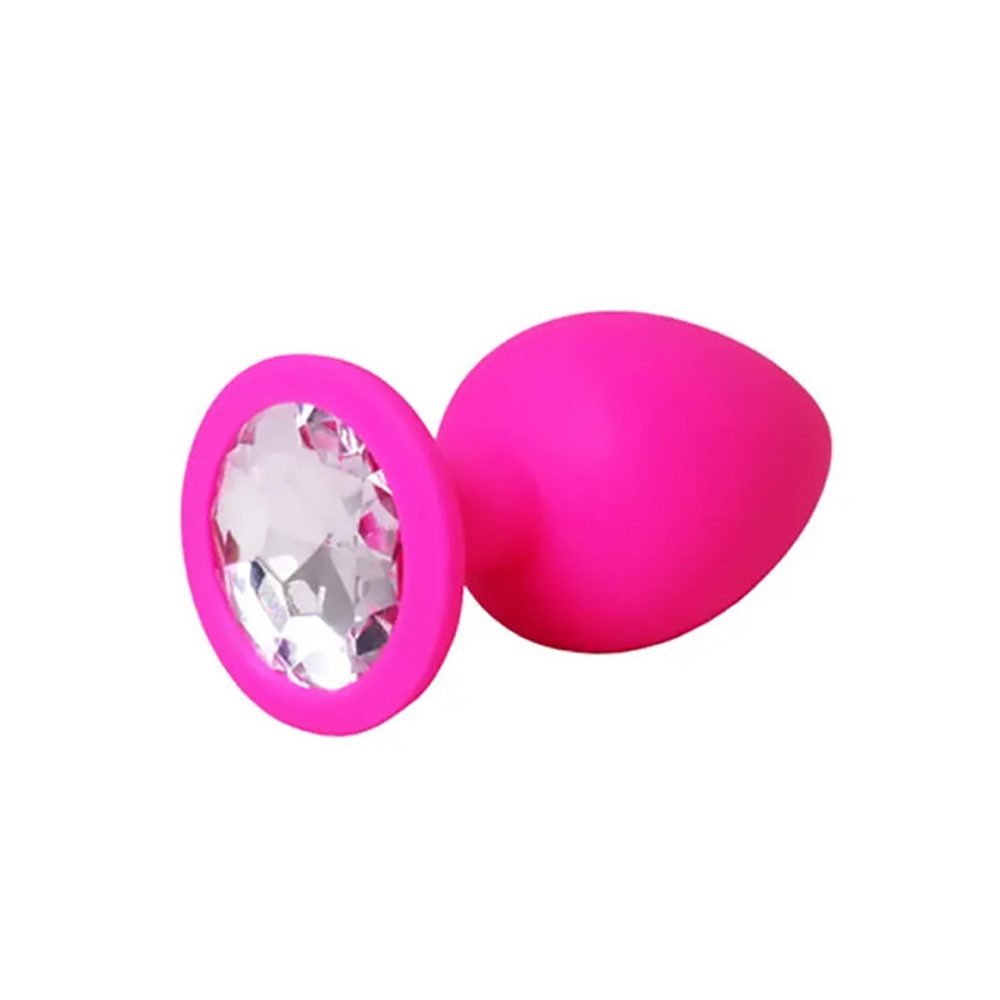 Różowy silikonowy korek analny duży z białym kryształem Fantasy 9 cm