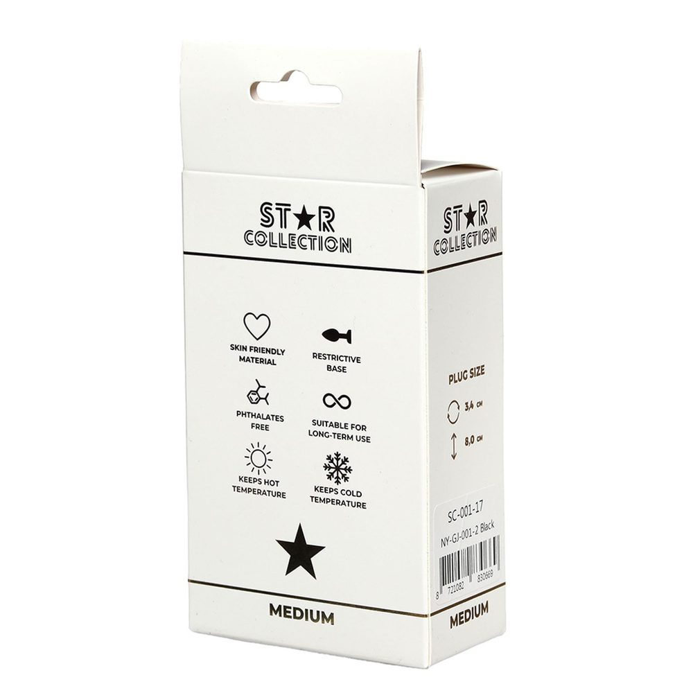 Korek analny silikonowy Star Collection czarny M z różowym kamieniem 8,5cm