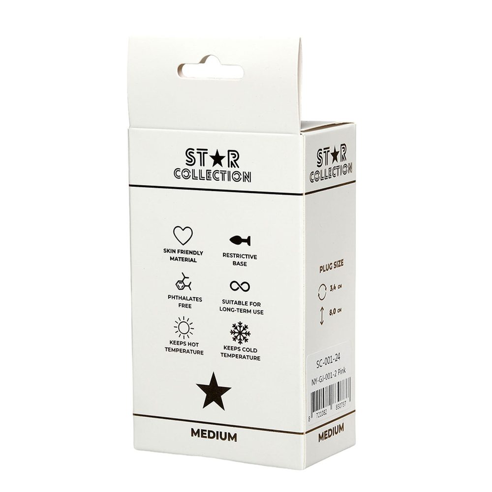 Różowy silikonowy korek analny M z fioletowym kamieniem Star Collection