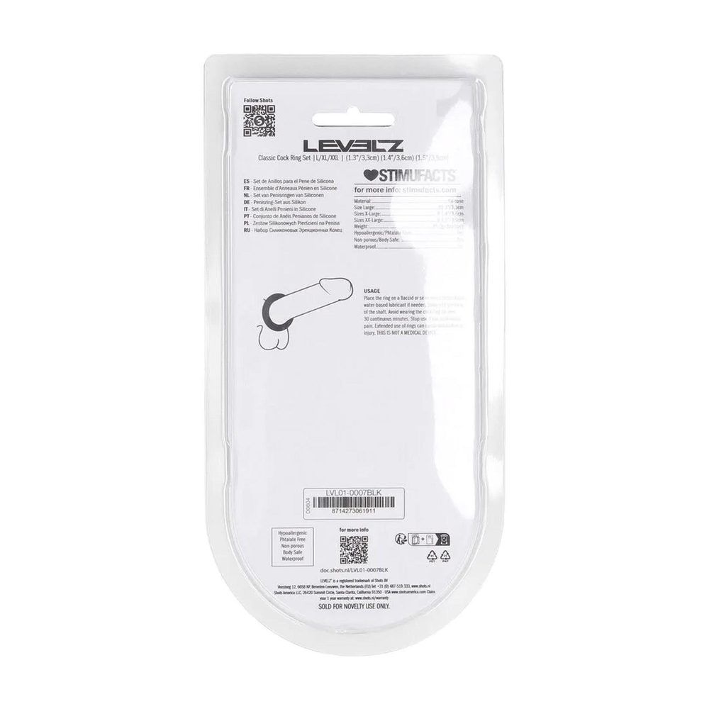 Zestaw 3 silikonowych pierścieni erekcyjnych Levelz L XL XXL czarny