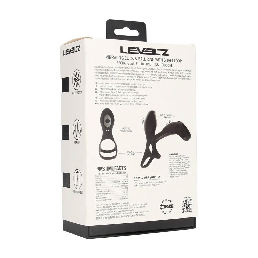 Wibrujący pierścień na penisa i jądra z pętlą Levelz silikonowy czarny 14cm