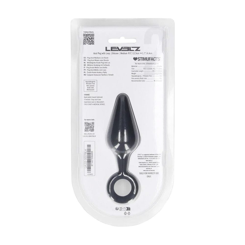 Silikonowy korek analny z pętlą Levelz M czarny 12 cm