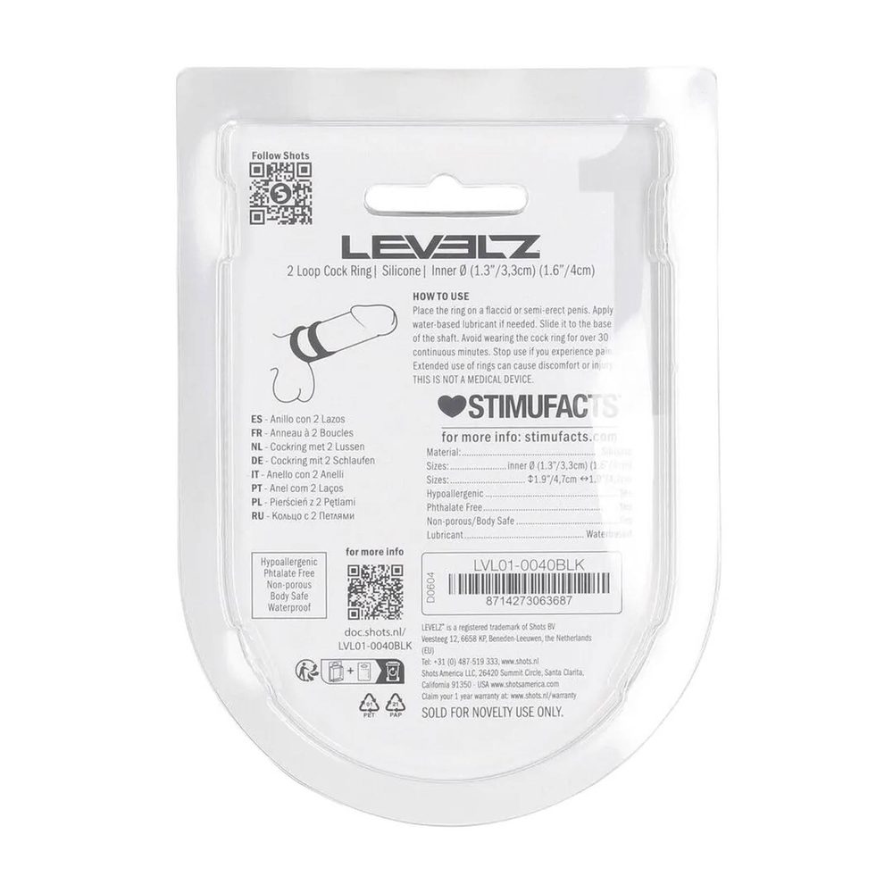 Pierścień erekcyjny dwupętlowy silikonowy Levelz czarny 4cm
