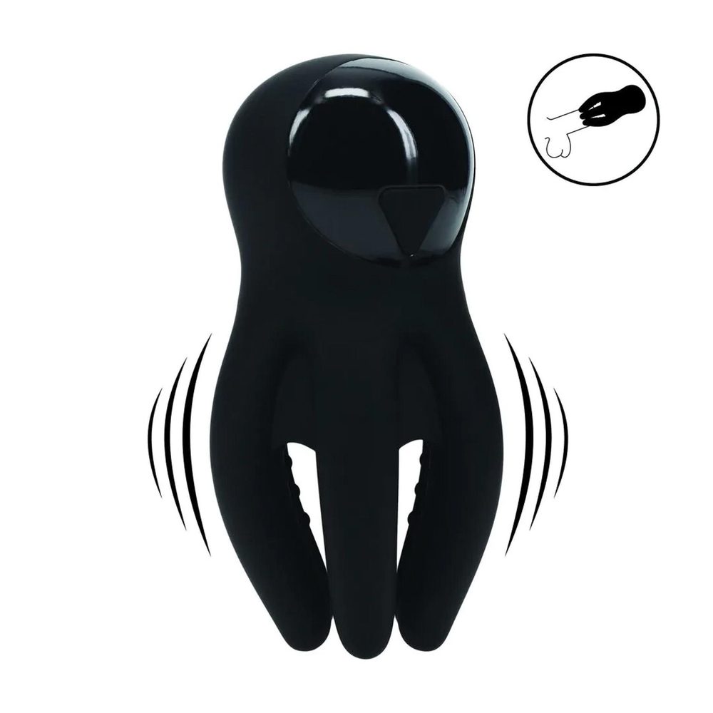 Digital Vibrating Silicone Penis Head Stimulator with Tentacles - Black