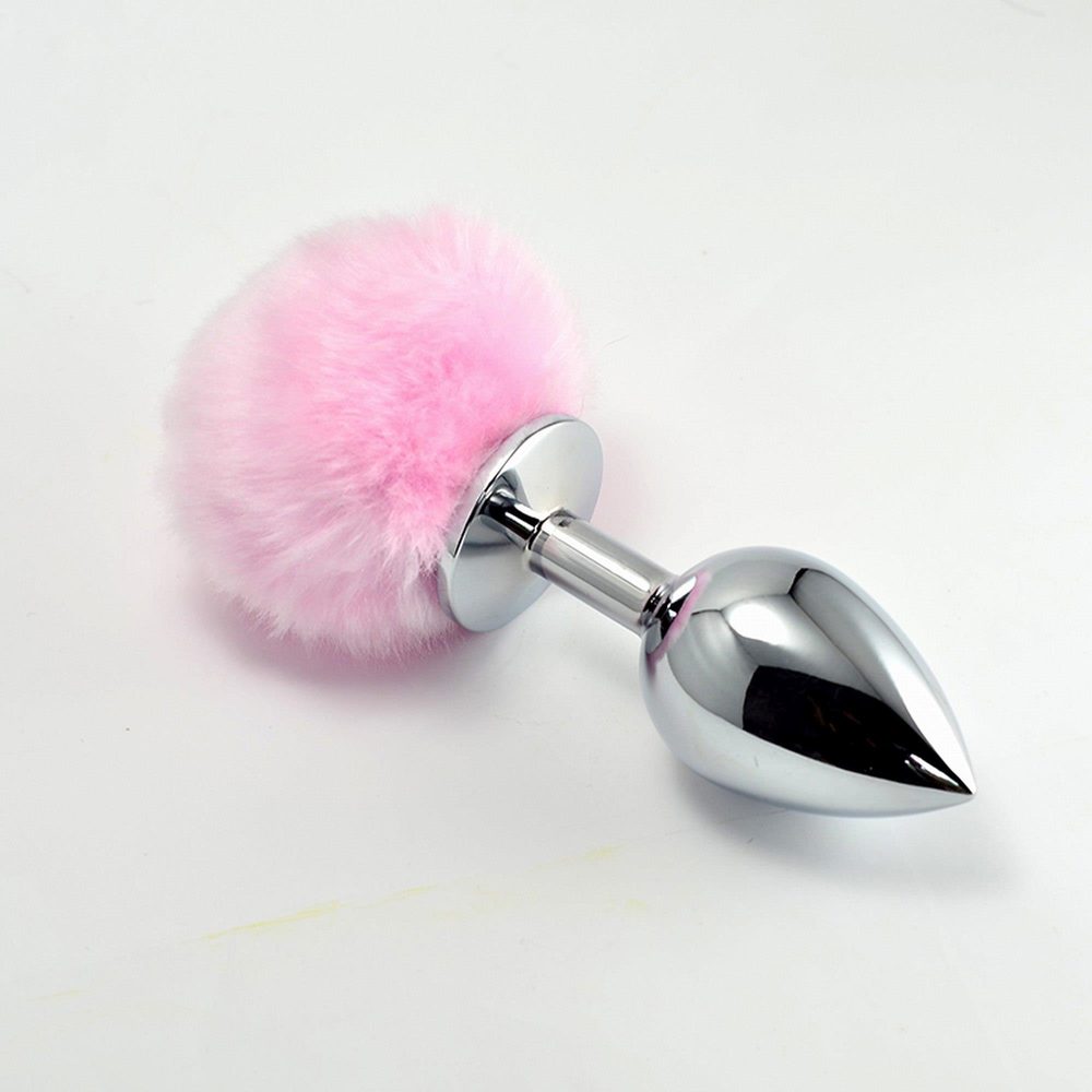 Duży srebrny korek analny z różowym pomponem 8 cm Lovetoy