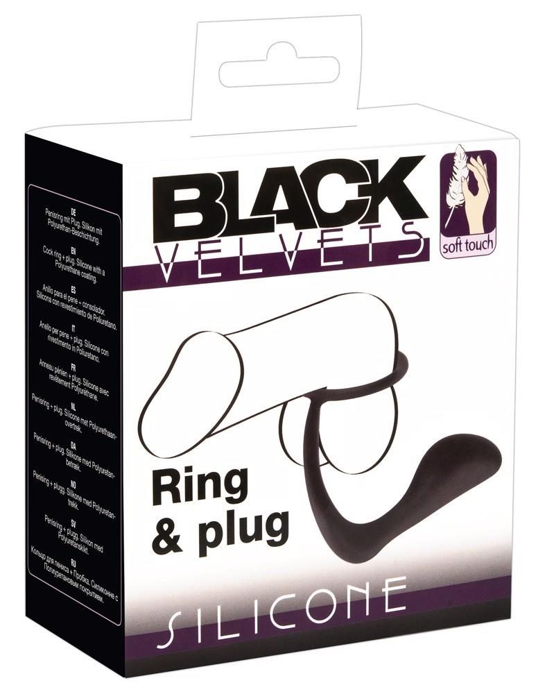 Pierścień erekcyjny z korkiem analnym Black Velvets czarny 10 cm