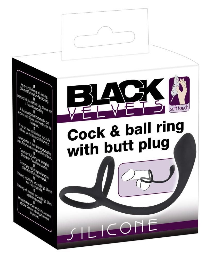 Pierścień na penisa i jądra z korkiem analnym Black Velvets 16 cm