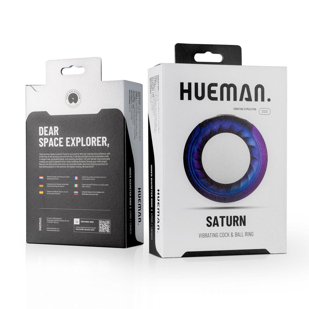 Pierścień wibrujący na penisa i jądra Hueman Saturn fioletowy USB