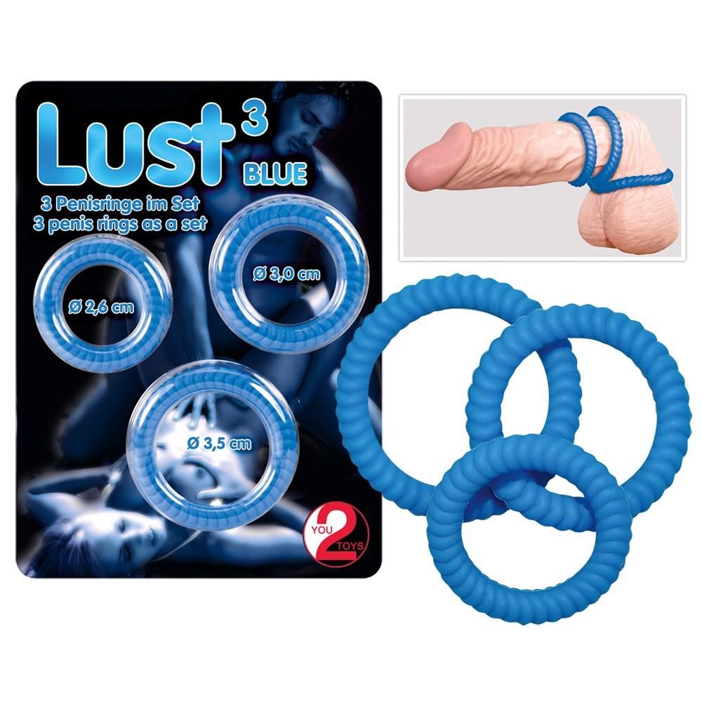 Pierścienie erekcyjne Lust 3 rowkowane silikonowe niebieskie You2Toys