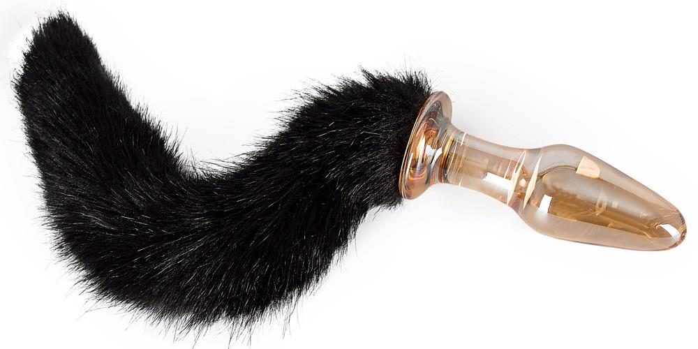 Szklany korek analny z czarnym ogonem You2Toys złoty 12 cm