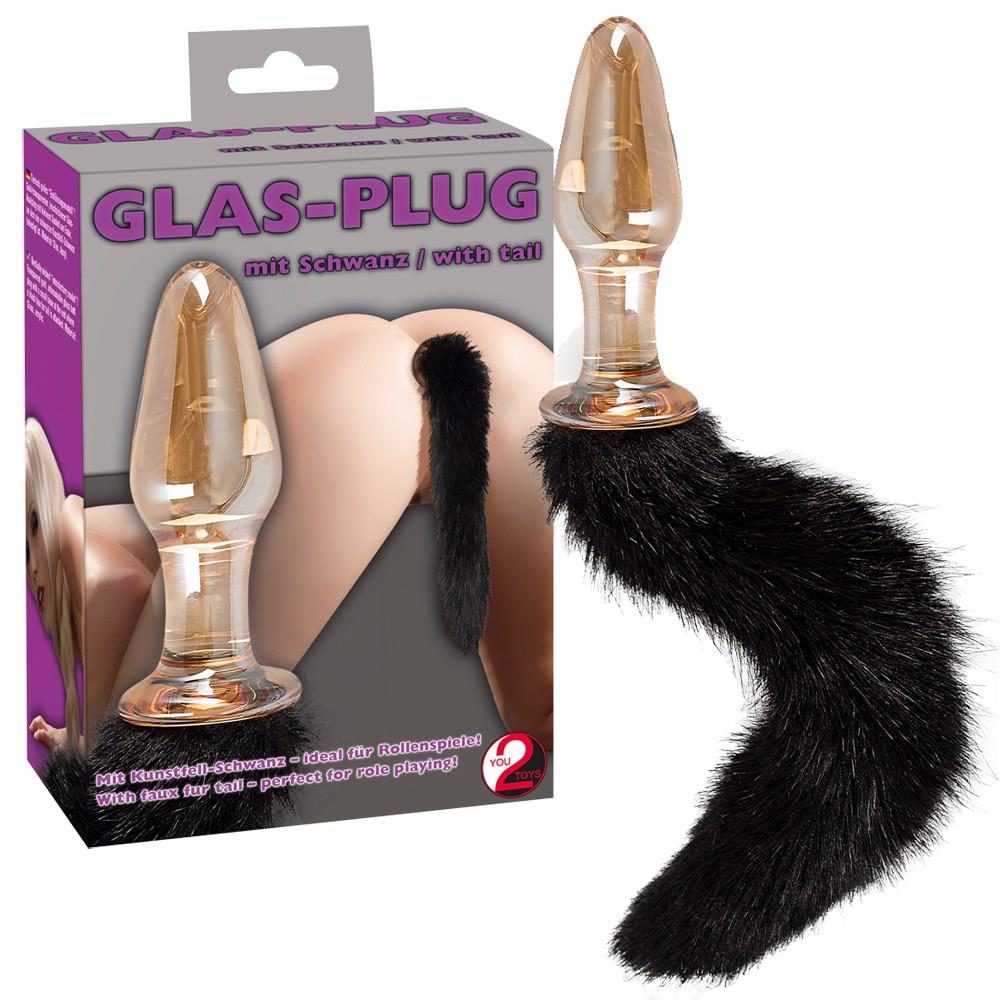 Szklany korek analny z czarnym ogonem You2Toys złoty 12 cm