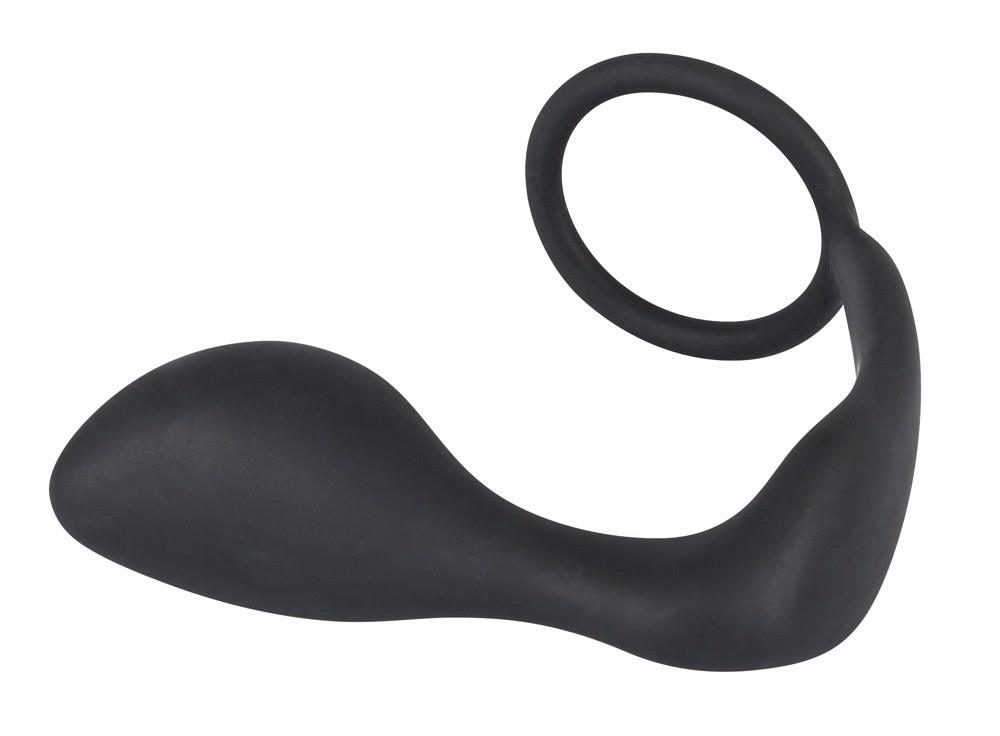 Pierścień erekcyjny z korkiem analnym Black Velvets czarny 10 cm