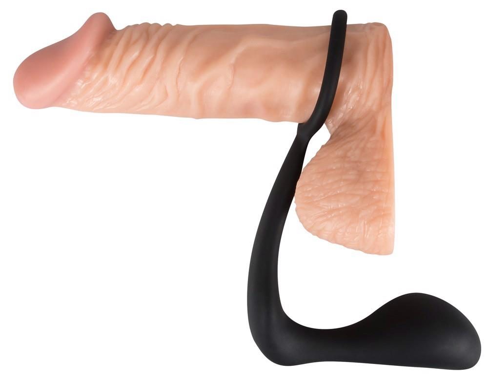 Pierścień erekcyjny z korkiem analnym Black Velvets czarny 10 cm
