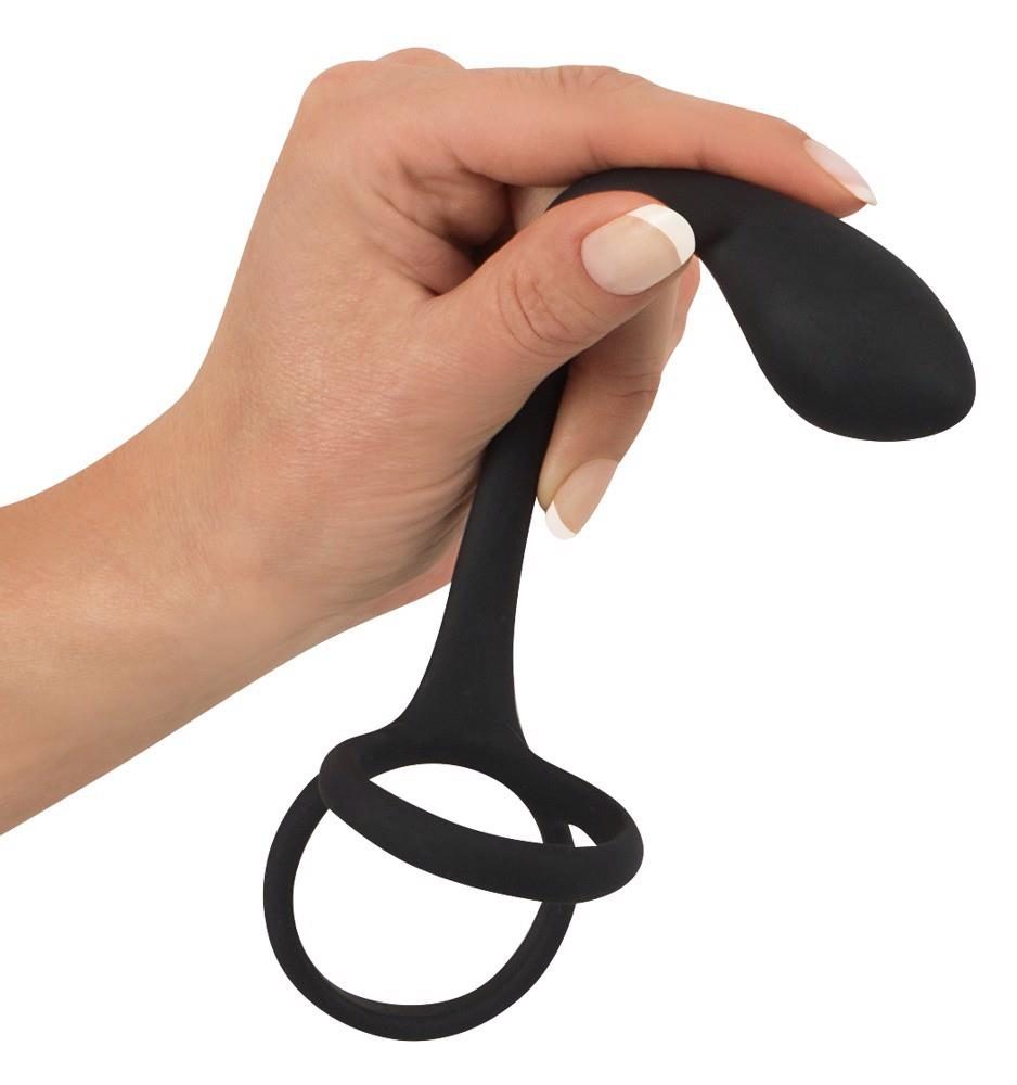 Pierścień na penisa i jądra z korkiem analnym Black Velvets 16 cm