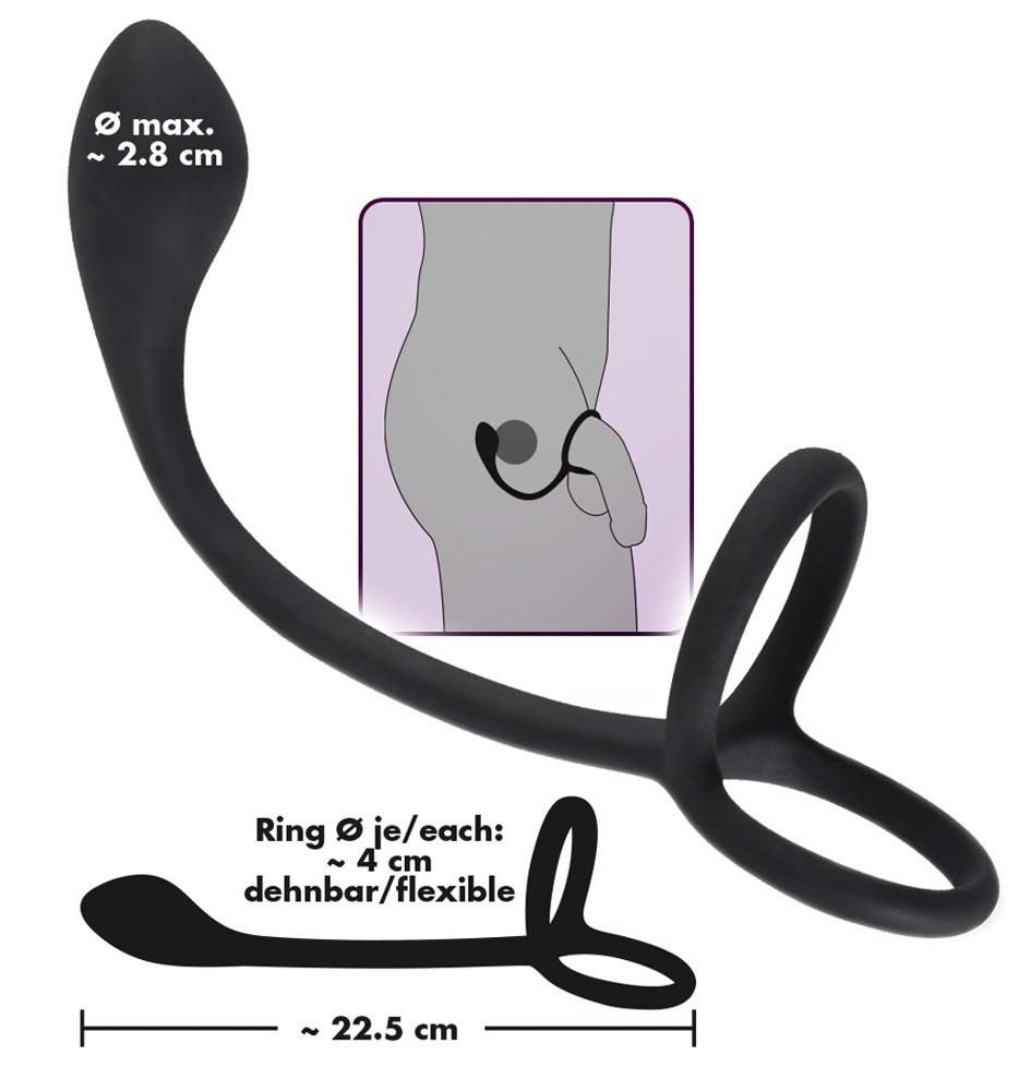 Pierścień na penisa i jądra z korkiem analnym Black Velvets 16 cm