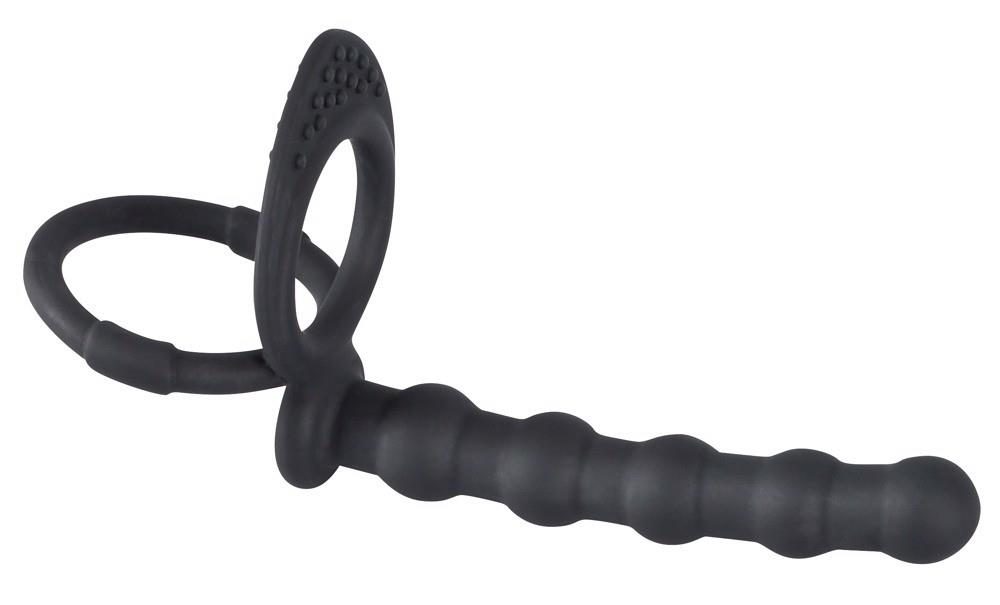 Pierścień na penisa i jądra z dildo analnym Black Velvets silikonowy