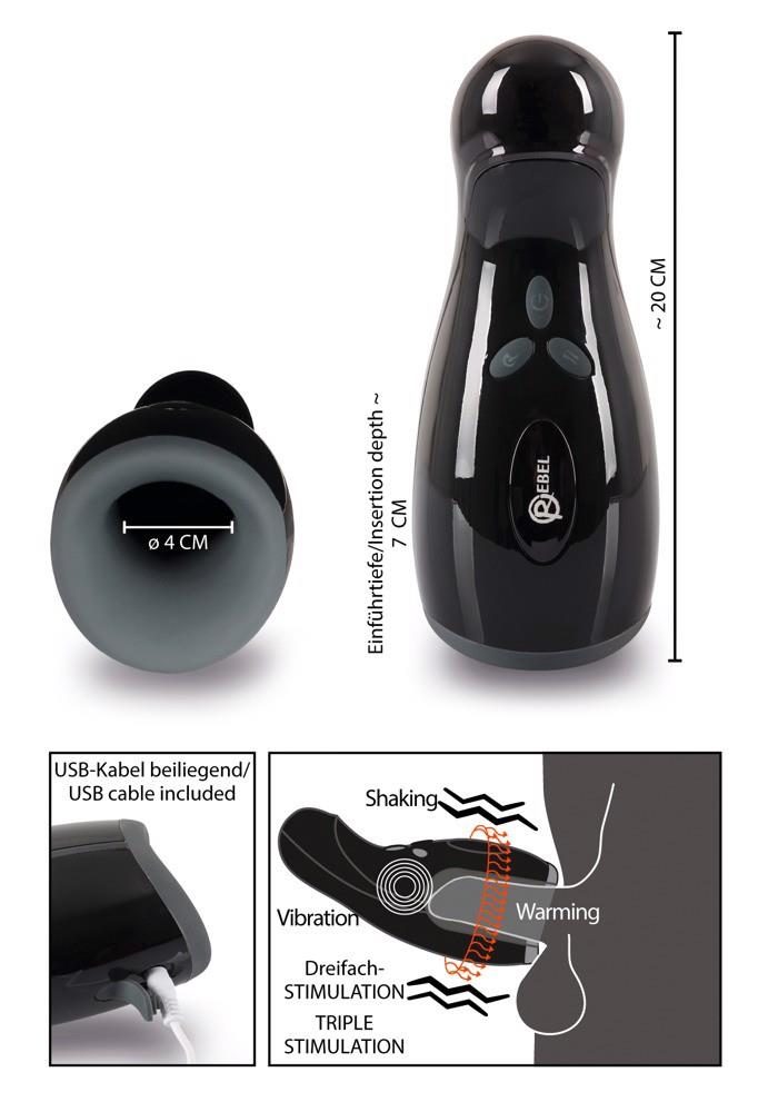 Masturbator Rebel z 3 funkcjami wibracji i ogrzewania 20 cm USB