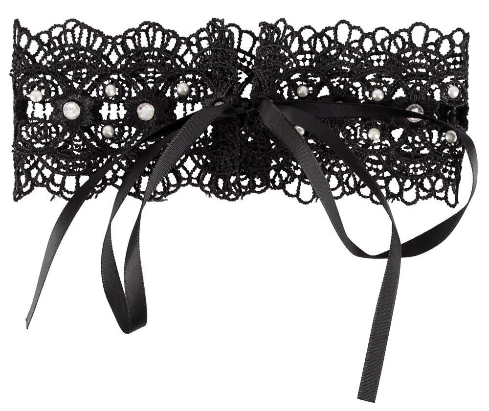 Haftowany choker Cottelli ACCESSOIRES czarny z perełkami i dżetami