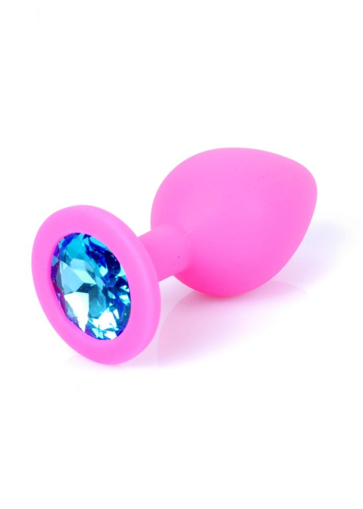 Silikonowy korek analny różowy HeavyFun z błękitnym diamentem 8 cm