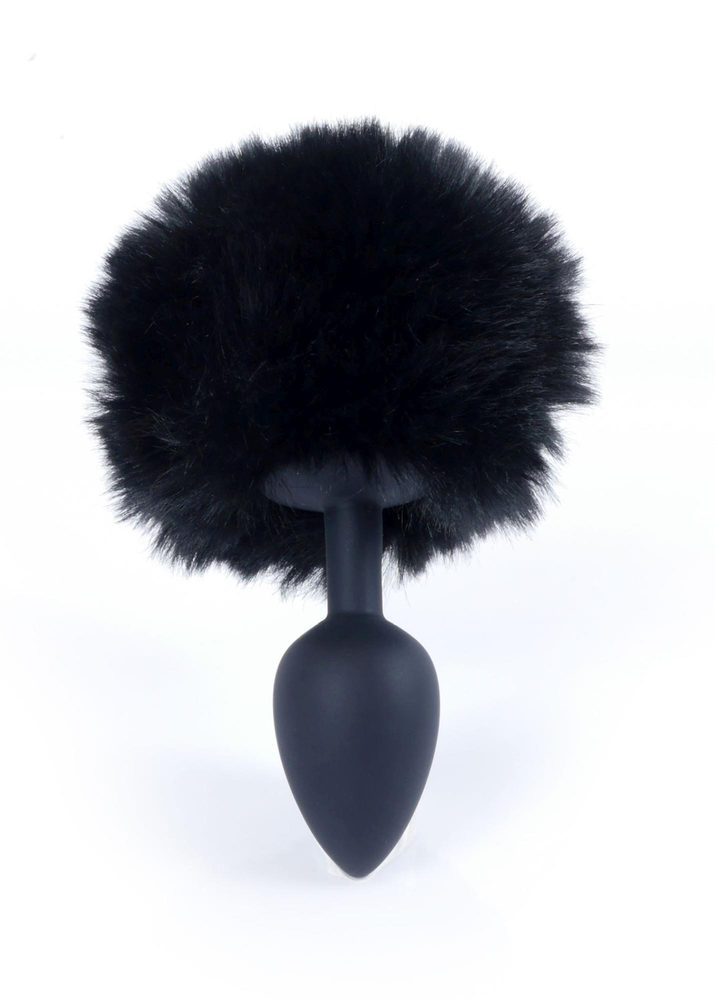 Silikonowy korek analny z króliczym ogonkiem HeavyFun czarny 6,5 cm