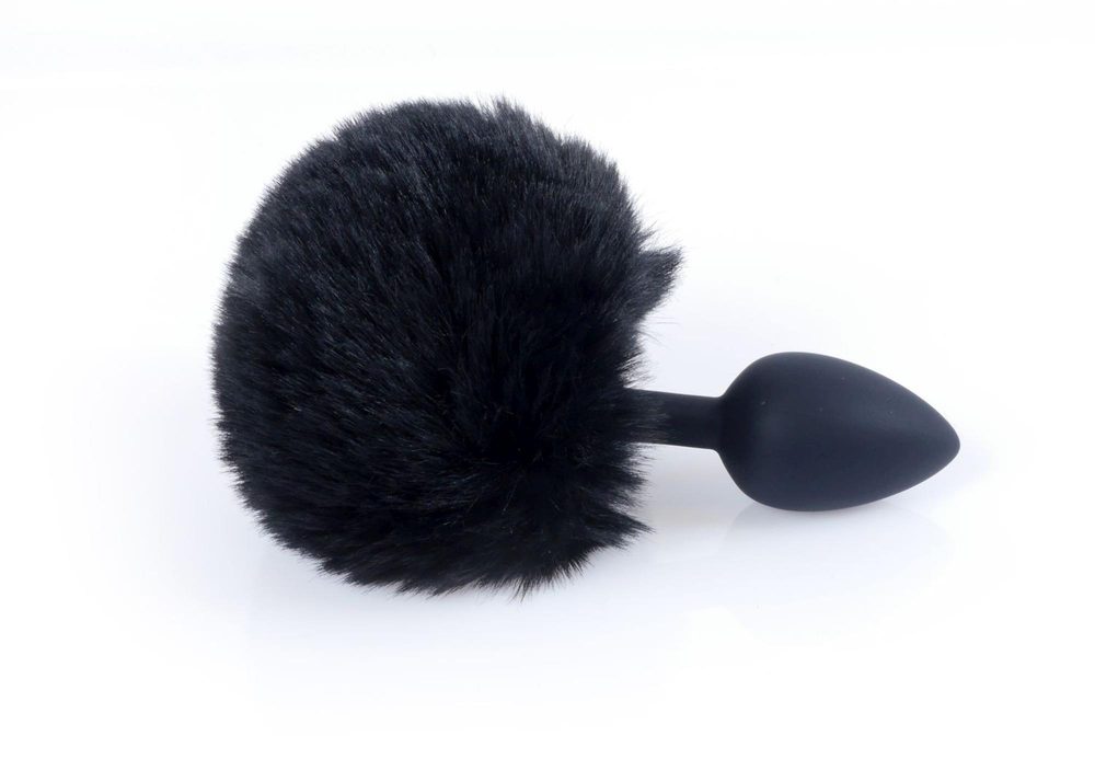 Silikonowy korek analny z króliczym ogonkiem HeavyFun czarny 6,5 cm