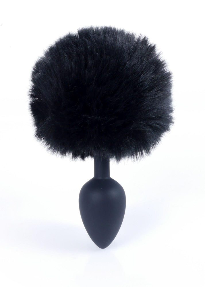 Silikonowy korek analny z króliczym ogonkiem HeavyFun czarny 6,5 cm