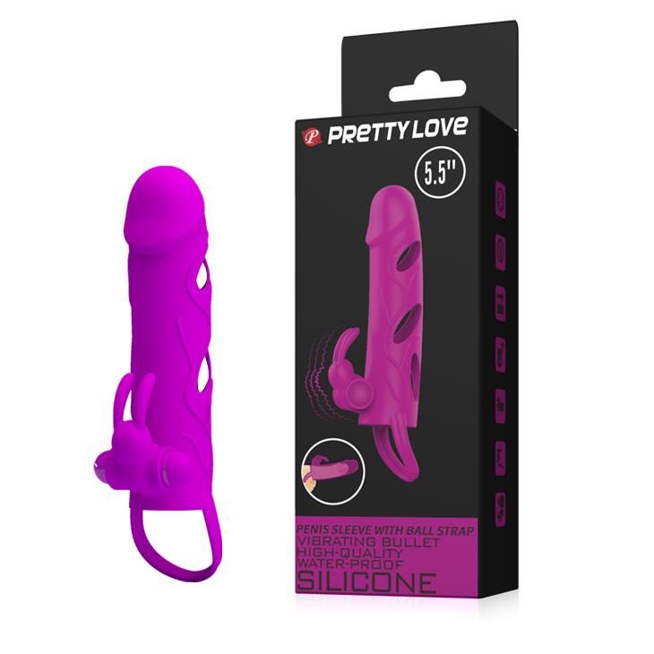 Wibrująca przedłużka na penisa z paskiem na jądra Pretty Love fioletowa