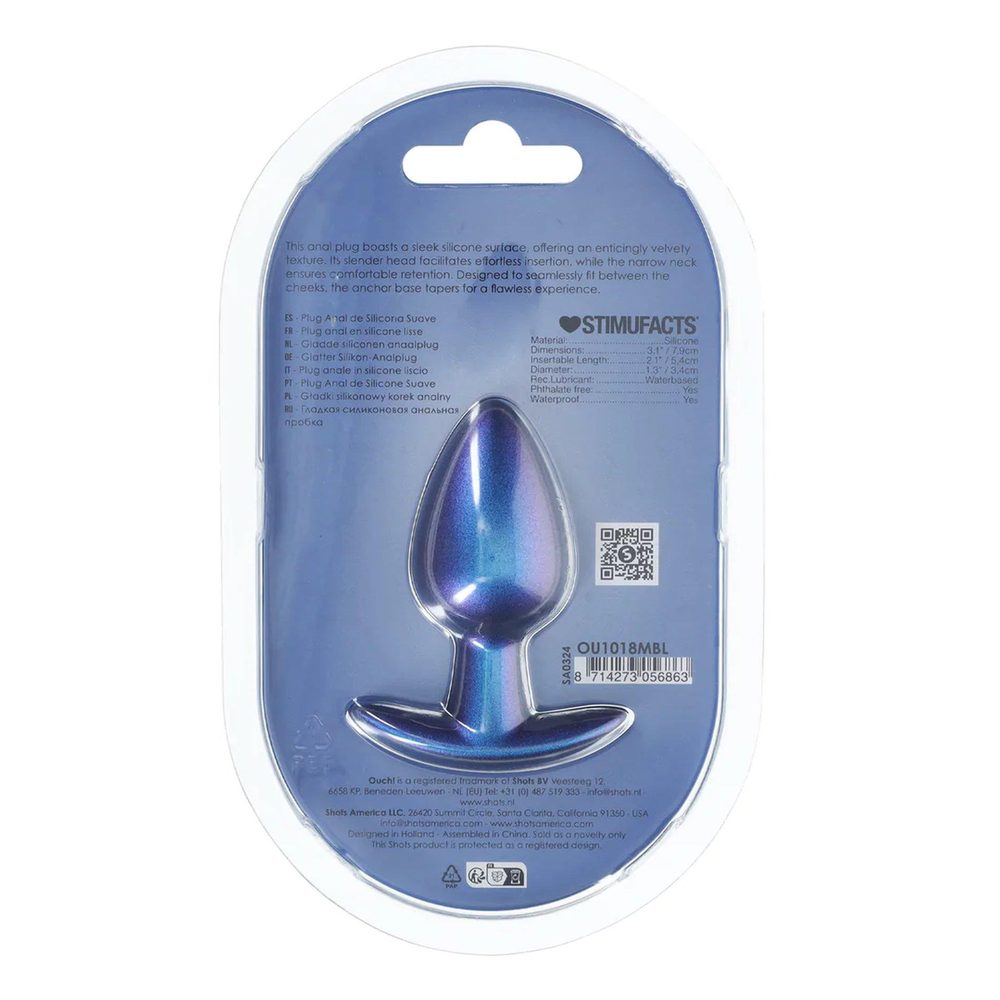 Korek analny silikonowy Ouch średni metaliczny niebieski 7 9 cm